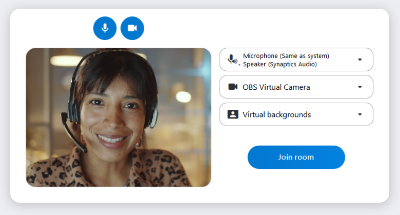 In the selection menu, you can decide whether your microphone and camera should be turned on when you join. Here you can also see a preview image from the camera. When the buttons for the microphone and camera are turned on, they appear blue.
