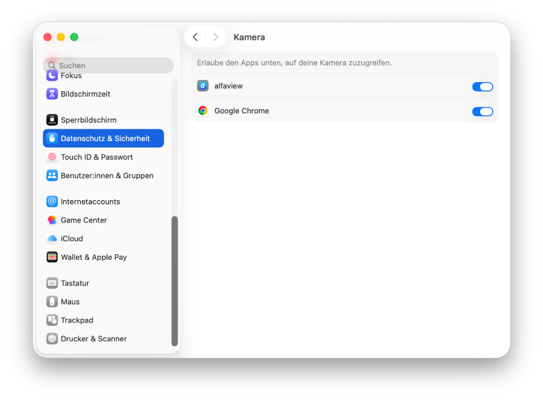 Screenshot des Reiters Datenschutz & Sicherheit in den Systemeinstellungen unter Tahoe, im Reiter Kamera wurde alfaview der Zugriff gewährt.