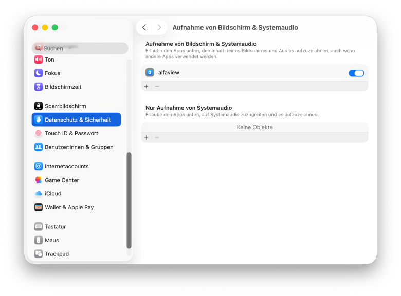 Einstellungen für die Freigabe von Bildschirmaufnahmen unter macOS.