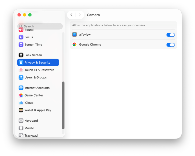 Screenshot of the Privacy & Security settings in Tahoe, with the camera permission for alfaview checked