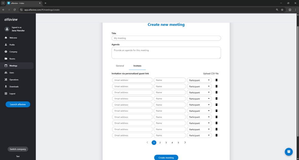 In the “Invitations” tab, you can invite people to the meeting. You can either invite them by entering their details manually or by using a CSV file.