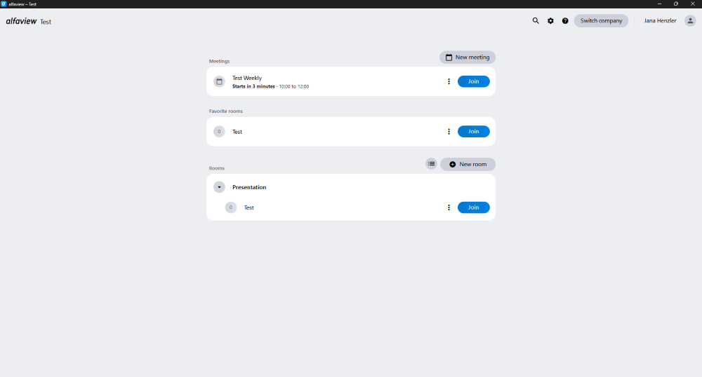 The alfaview room and meeting list. Here you can find all rooms and meetings you can enter. You can also create a new meeting here — or rooms if you are an administrator.