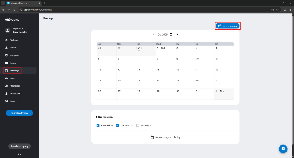 Calendar and meeting list within the administration page of alfaview. Here you can create meetings.