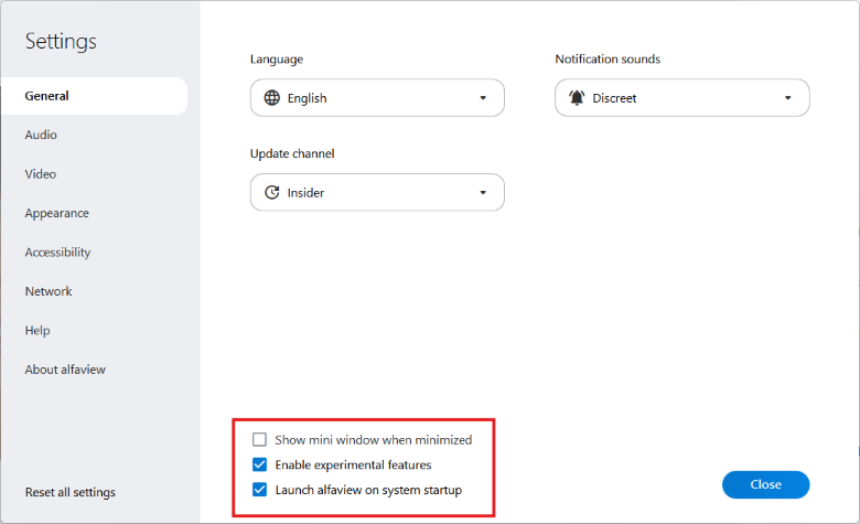 In the general settings, you can choose to turn off the automatic display of the mini window when you minimize alfaview. You can find this setting under “General.”