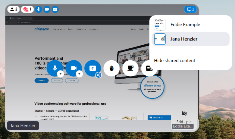 Clicking on the screen icon in the mini window displays the shared content instead of the participants' videos in the mini window.