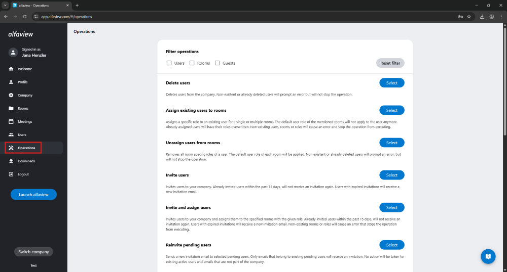 In the administration interface, administration tools can be used to make changes to multiple users and rooms.