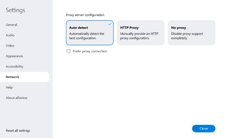 Network settings for the alfaview app. Here you can configure the connection to a proxy server.