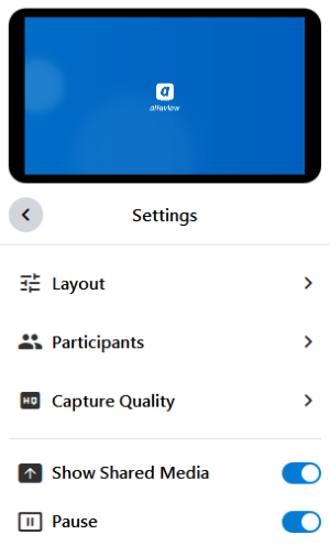 The recording or stream can also be paused in the settings. During the pause, a blue alfaview image appears and the sound is not recorded.