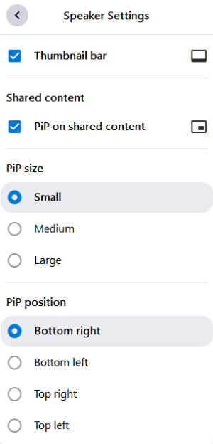 The speaker settings for local recordings and live streams. Here you can set up “picture-in-picture.” You can also turn the thumbnail bar on or off.