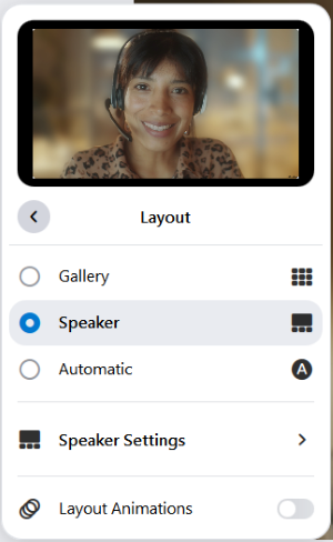 The layout settings for local recordings and live streams. You can choose between speaker and gallery view or an automatic selection. There is also a “layout animations” feature that can be turned on or off.
