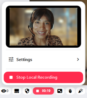 Local recording can be stopped using the host tools in the alfaview room. The “Stop local recording” button appears in red.