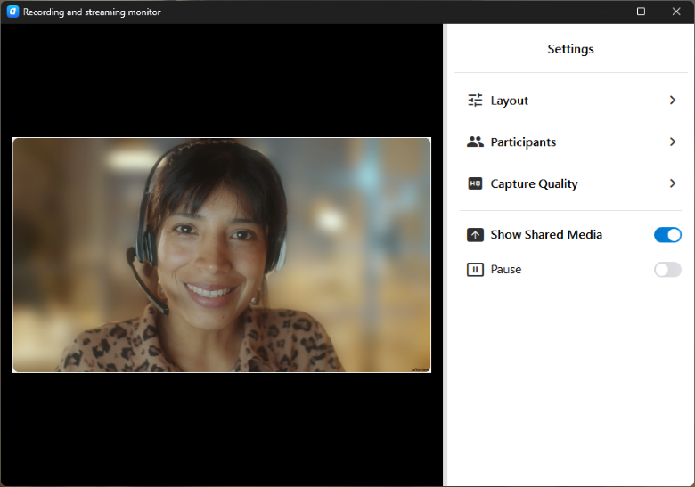 The recording and streaming monitor opens when you click on the preview image. Here you will find all settings for local recording and live streams.