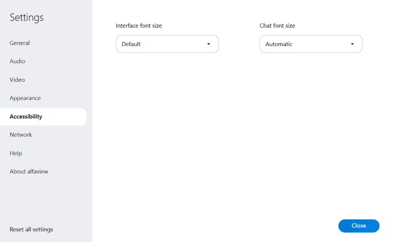Accessibility settings in alfaview. Here you can adjust the font size of the interface and chats.
