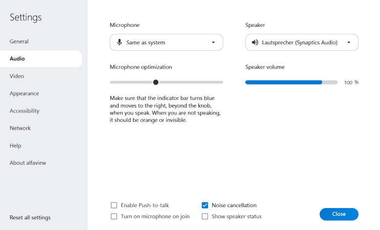 Audio settings in the “All Settings” window.