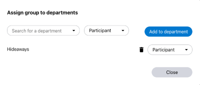 Screenshot of the Assign group to departments window with all setting options