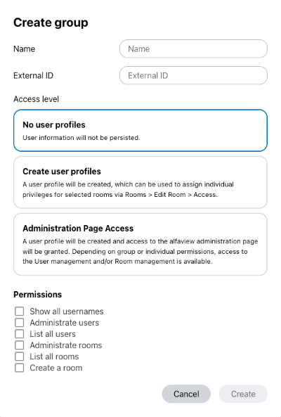 Screenshot of the Create group window with all setting options