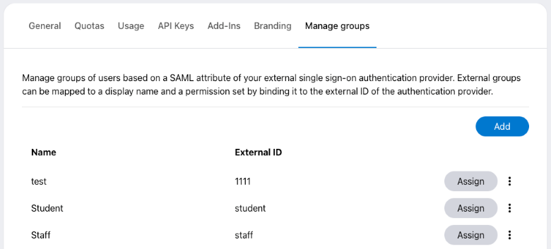 Screenshot of the Manage groups tab in the Company management