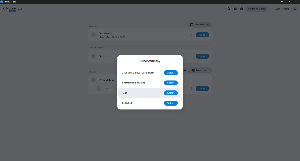 A list of all available companies appears when you start alfaview. There is a “Join” button next to each company.