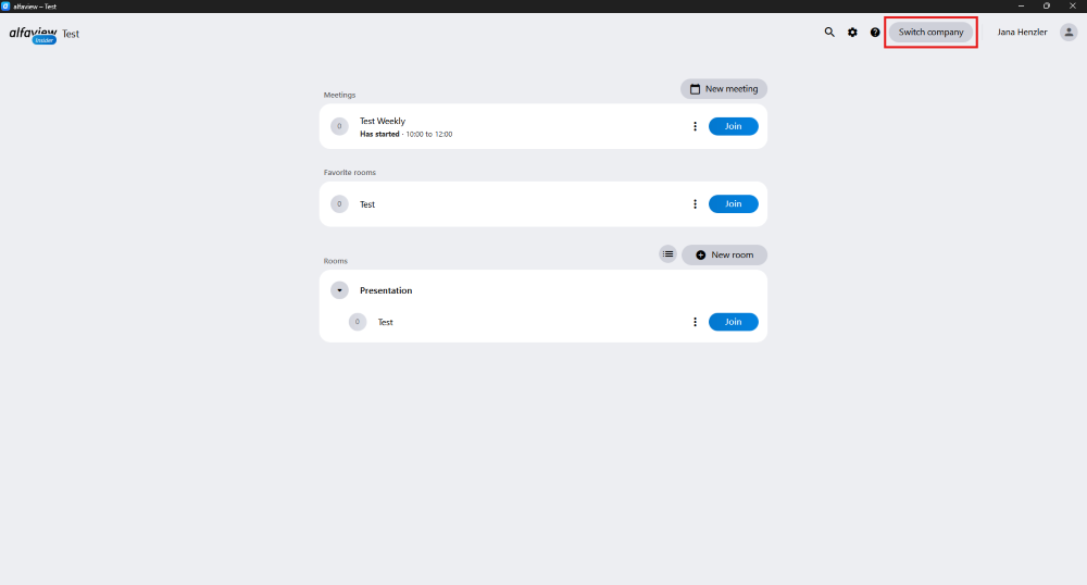 You can switch companies using the room list. There is a “Switch company” button in the upper right corner of the application.