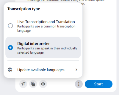 Settings in the “Digital Interpreter” tab. Here you can choose between the transcription types “Digital Interpreter” and “Live Transcription and Translation” and update the available languages.
