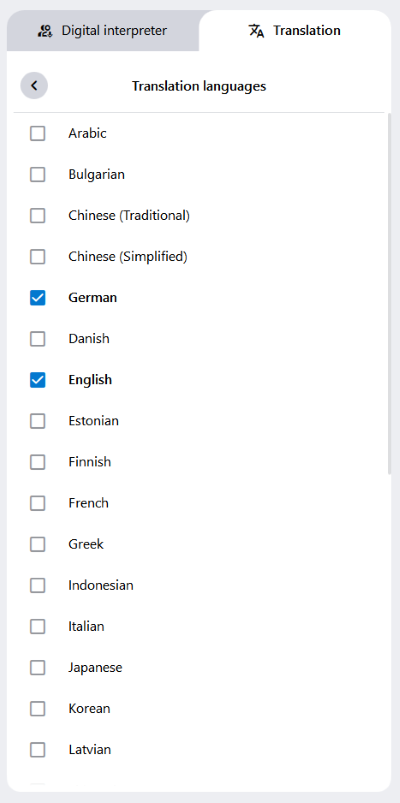 The currently available translation languages. Three can be selected at a time.