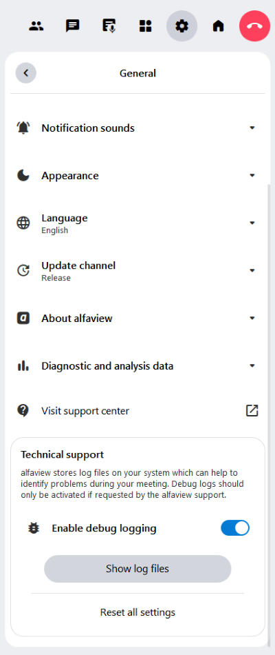 In the alfaview app, you can view log files and enable advanced logging in the general settings of the secondary menu.
