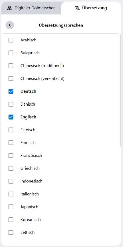 Die aktuell verfügbaren Übersetzungssprachen. Es können immer drei gleichzeitig ausgewählt werden.