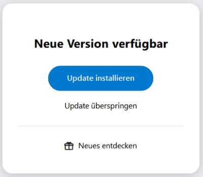 Das Update-Fenster von alfaview. Sobald eine neue Version verfügbar ist, öffnet es sich beim Start der App. Sie können das Update installieren oder überspringen.