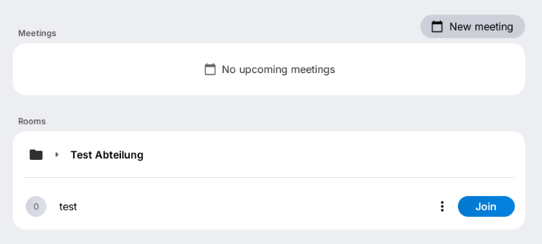 The meeting and room list in alfaview. Here you can find all accessible rooms and meetings or create new meetings.