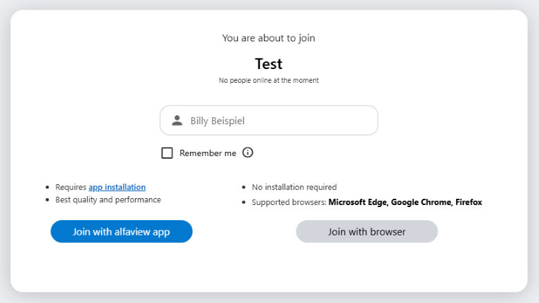 Window that opens as soon as you click on an invitation link. Here you can enter your name and join either via the web client or the app.