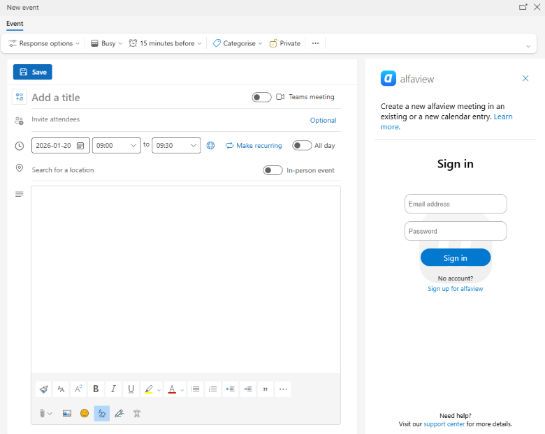 The first login with the Outlook add-in from alfaview.