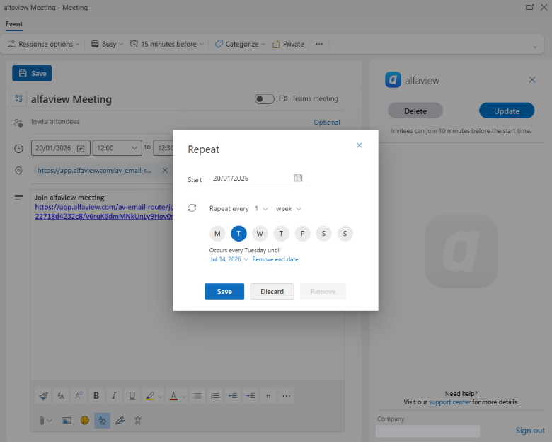 Create recurring meetings using the Outlook add-in.