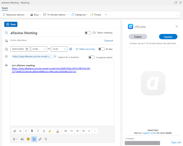 Edit and delete a meeting using the Outlook add-in.