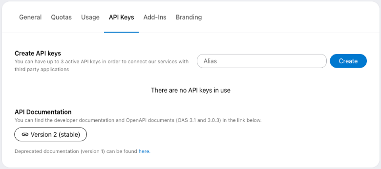 API access data can be generated under the “Company” menu item in the administration interface.
