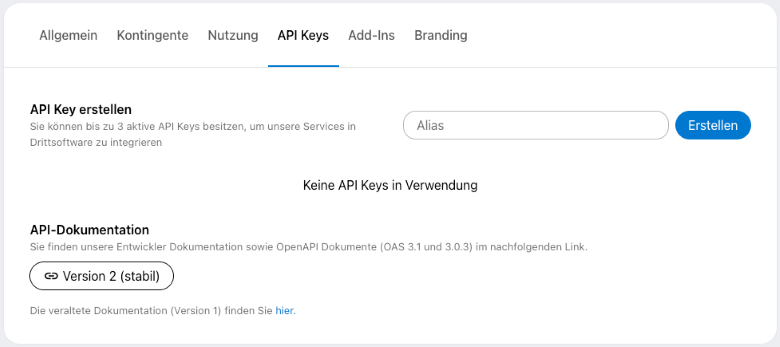 Unter dem Menüpunkt "Company" in der Verwaltungsoberfläche können API-Zugangsdaten generiert werden.