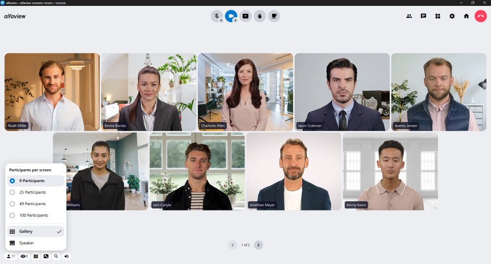 You can split the gallery view into different pages. This displays videos from 9, 25, 49, or 100 people at the same time.
