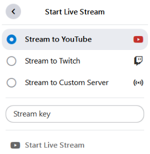 The live stream can be broadcast on various platforms. The list includes YouTube, Twitch, and servers to choose from. The stream key must also be entered here.