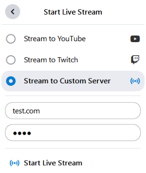 The live stream can be broadcast on various platforms. YouTube, Twitch, and servers are available to choose from in the list. The stream key and server URL must also be entered here.