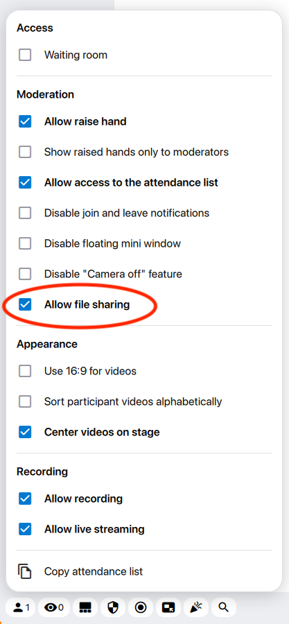 The host tools in the alfaview room. File sharing can be enabled here.