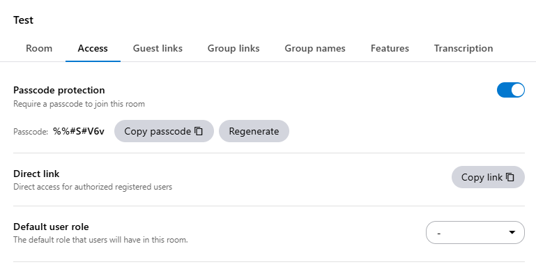 The room passcode can be activated, deactivated and updated via the room access in administration.