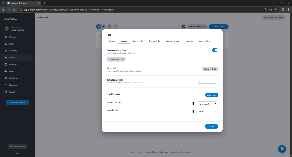 In the Room Access tab, you can edit who is allowed to enter the room and with which role they enter via the direct link. The Room Passcode can also be activated here.