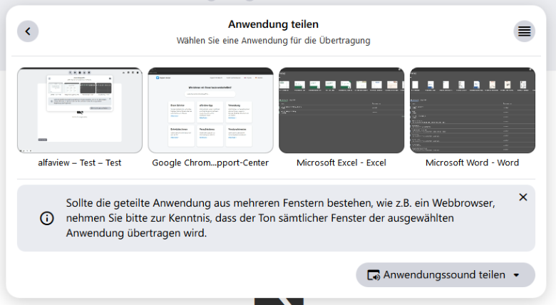 Die Auswahl der laufenden Anwendungen. Es wird eine Liste oder Vorschauvideos der Anwendungen angezeigt.