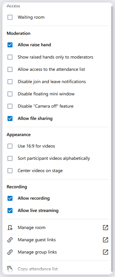 The room features can be accessed via the status menu in the alfaview app, where they can be enabled or disabled.