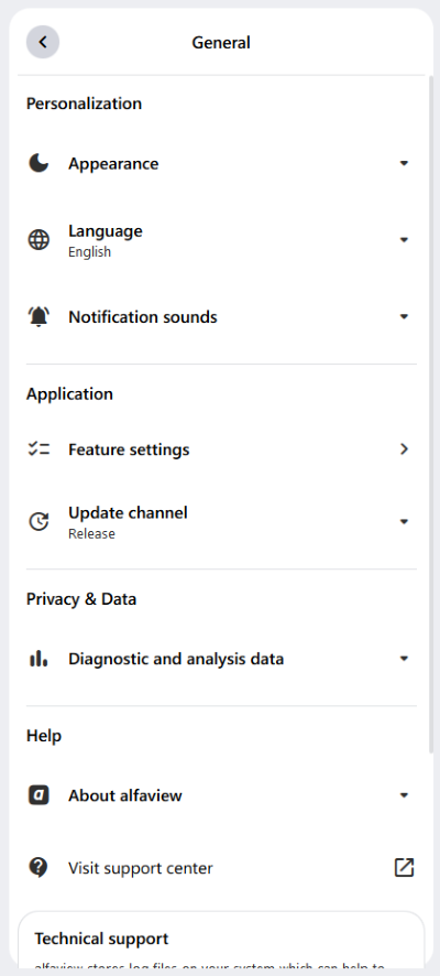 General settings in the alfaview app.