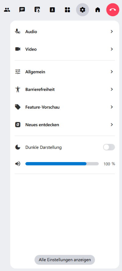 Das Funktionsmenü enthält alle Einstellungen, die Sie im Raum anpassen können.