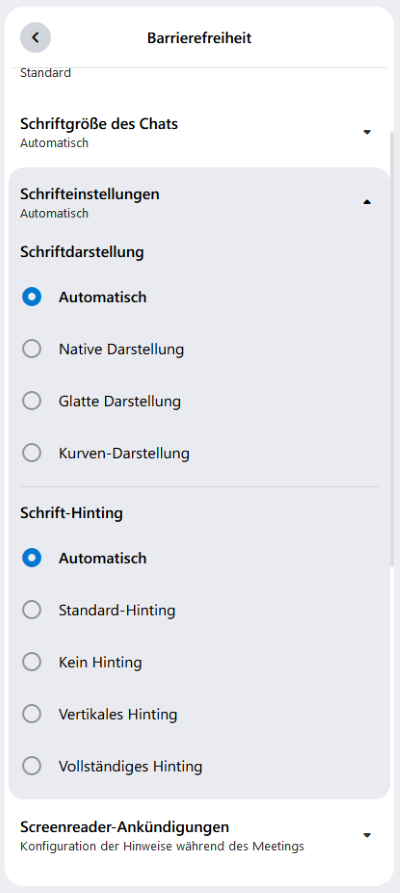 Screenshot der Barrierefreiheiteinstellungen in der alfaview App. Die Schrift kann mithilfe von Einstellungen in der Darstellung und im Hinting angepasst werden.
