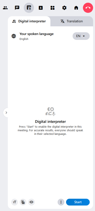 The “Digital Interpreters” tab in the alfaview secondary menu. This is where you can start the function. In addition, what is said is translated into text here.