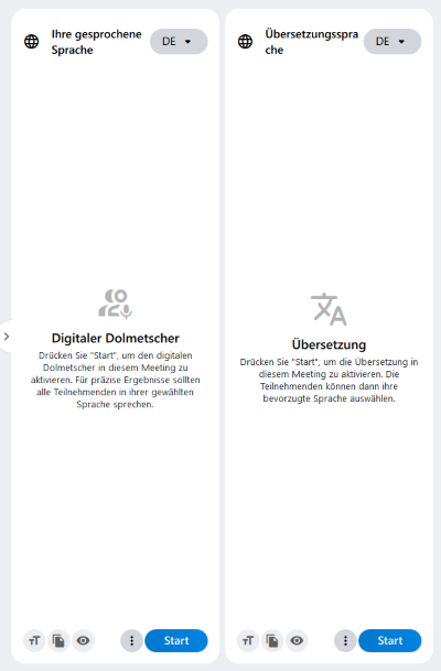 Die Dolmetscher / Live-Transkription und Übersetzung nebeneinander dargestellt.