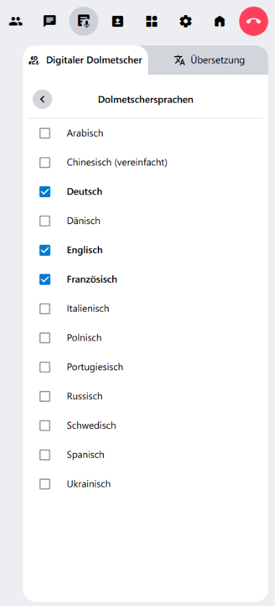 Die aktuell verfügbaren Dolmetschersprachen. Es sind immer drei gleichzeitig auswählbar.