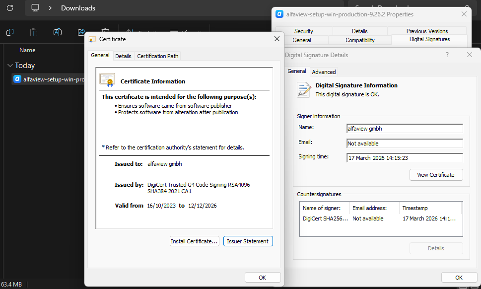 Screenshot of the digital signature and certificate from the alfaview app download.